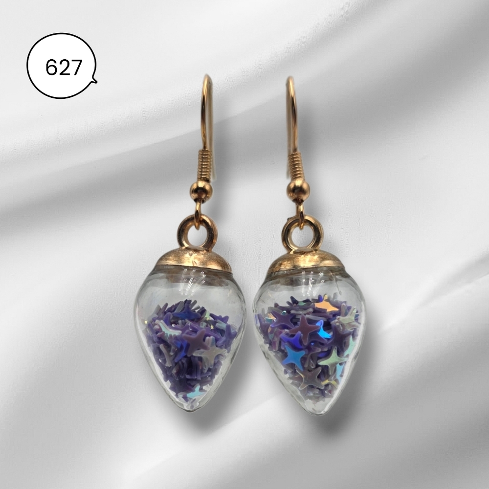 Glass Teardrop Star Earrings – Purple Iridescent Confetti Dangle Earrings